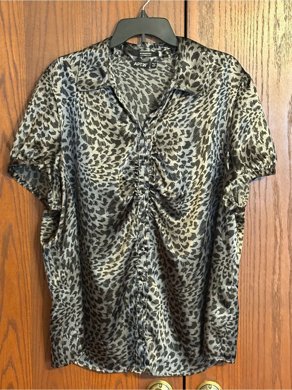 Apt. 9 Satin Short-Sleeve Leopard Print Blouse in Black & Gray